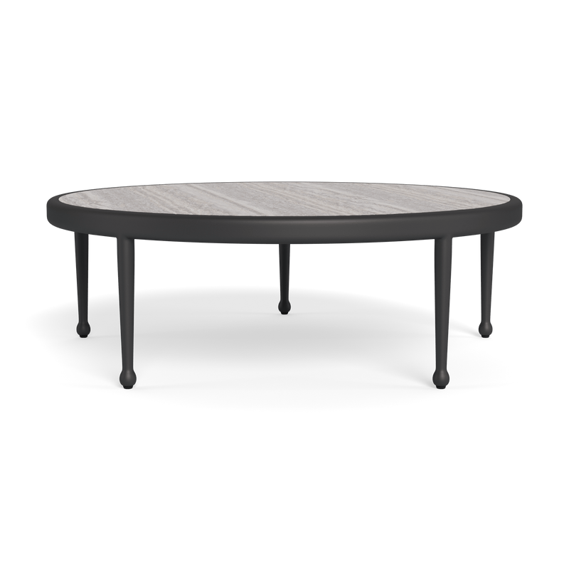 Andre Round Coffee Table | Aluminum Asteroid, Travertine Dark Grey,