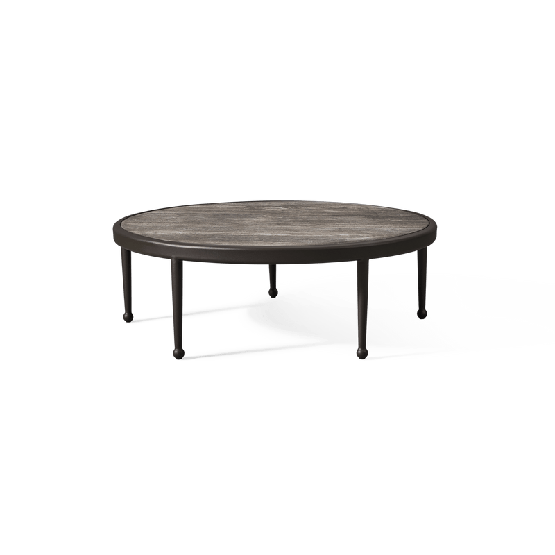 Andre Round Coffee Table | Aluminum Asteroid, Travertine Dark Grey,