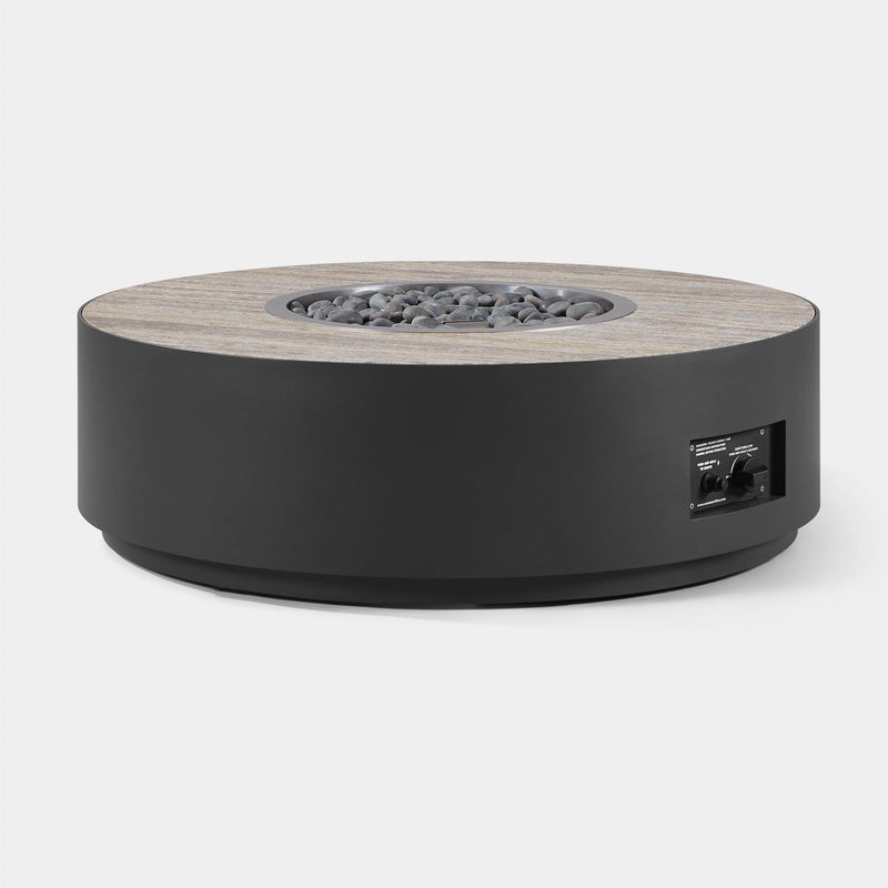 Antigua Round Fire Table | Aluminum Asteroid, Travertine Dark Grey,