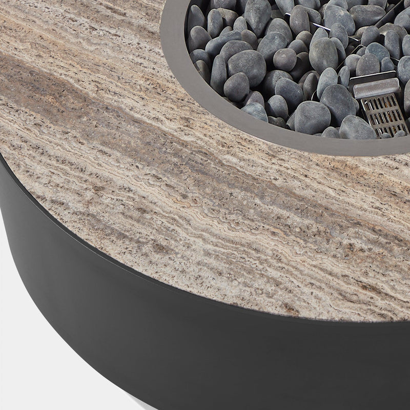 Antigua Round Fire Table | Aluminum Asteroid, Travertine Dark Grey,