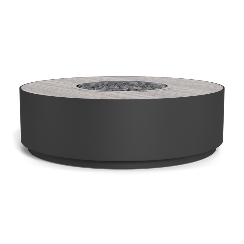 Antigua Round Fire Table | Aluminum Asteroid, Travertine Dark Grey,