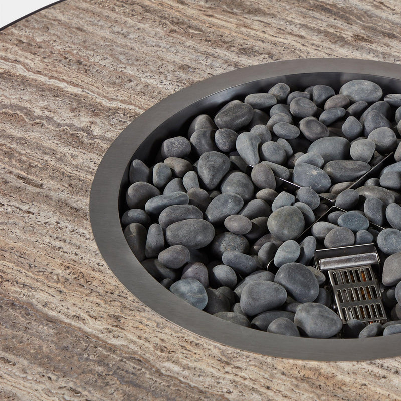 Antigua Round Fire Table | Aluminum Asteroid, Travertine Dark Grey,