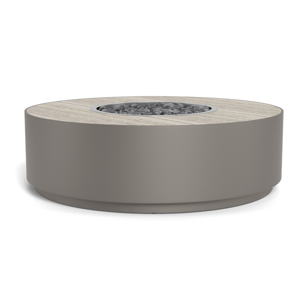 Antigua Round Fire Table | Aluminum Taupe, Travertine Silver,