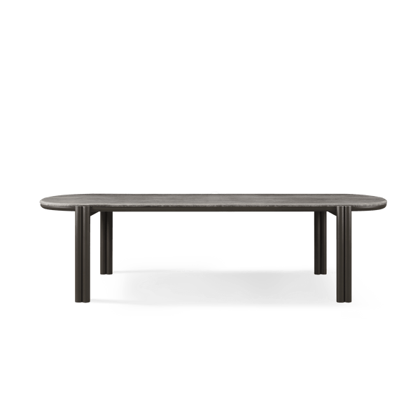 Cove Aluminum Pill Dining Table | Aluminum Bronze, Travertine Dark Grey,