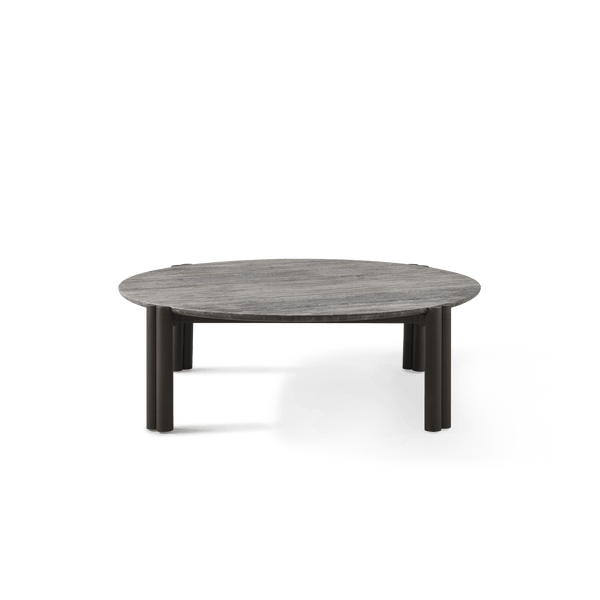 Cove Aluminum Round Coffee Table | Aluminum Bronze, Travertine Dark Grey,