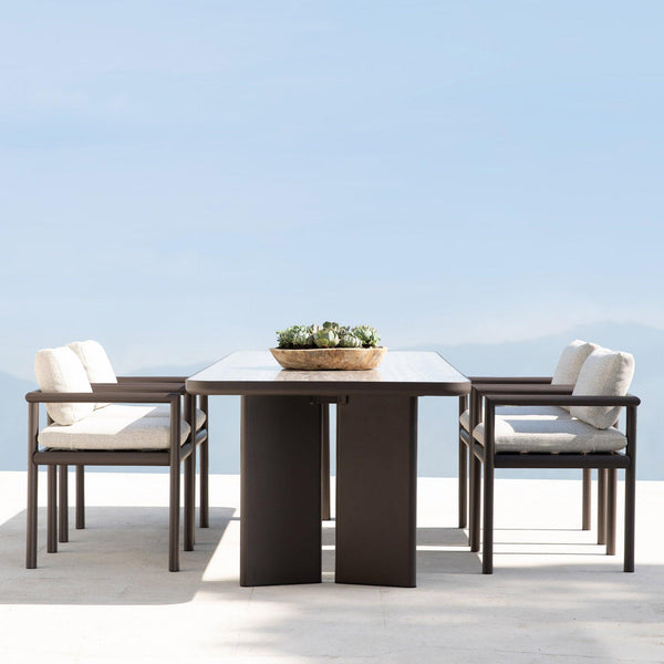 Moab 107" Rectangle Dining Table | Aluminum Bronze, Travertine Dark Grey,