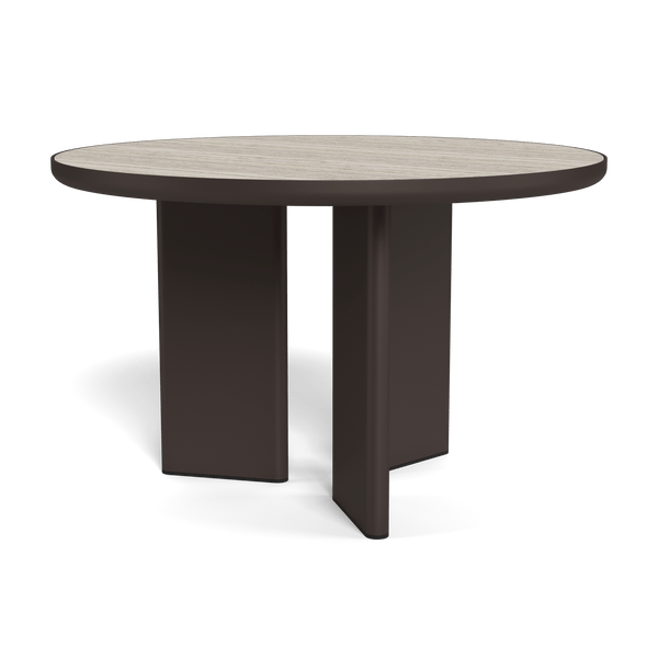 Moab 48" Round Dining Table | Aluminum Bronze, Travertine Dark Grey,