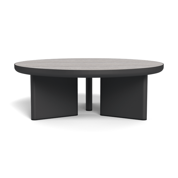 Moab Round Coffee Table | Aluminum Asteroid, Travertine Dark Grey,