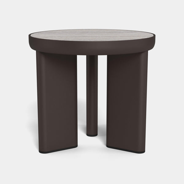 Moab Round Side Table | Aluminum Bronze, Travertine Dark Grey,