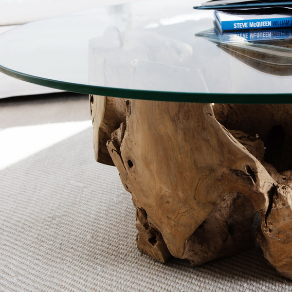 Pure Root Coffee Table 1000 | Teak Natural, Glass Clear,