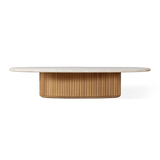 Rhodes Teak Oval Coffee Table 67" | Teak Natural, Travertine Cream,