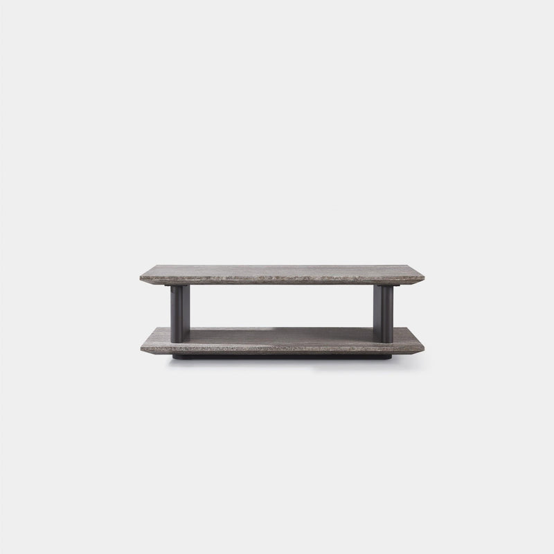 Santorini Outdoor Stone Rectangle Side Table | Aluminum Asteroid, Travertine Dark Grey,