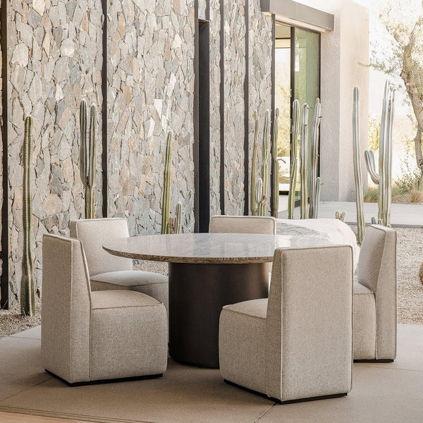 Santorini Outdoor Stone Round Dining Table 60" | Aluminum Asteroid, Travertine Dark Grey,