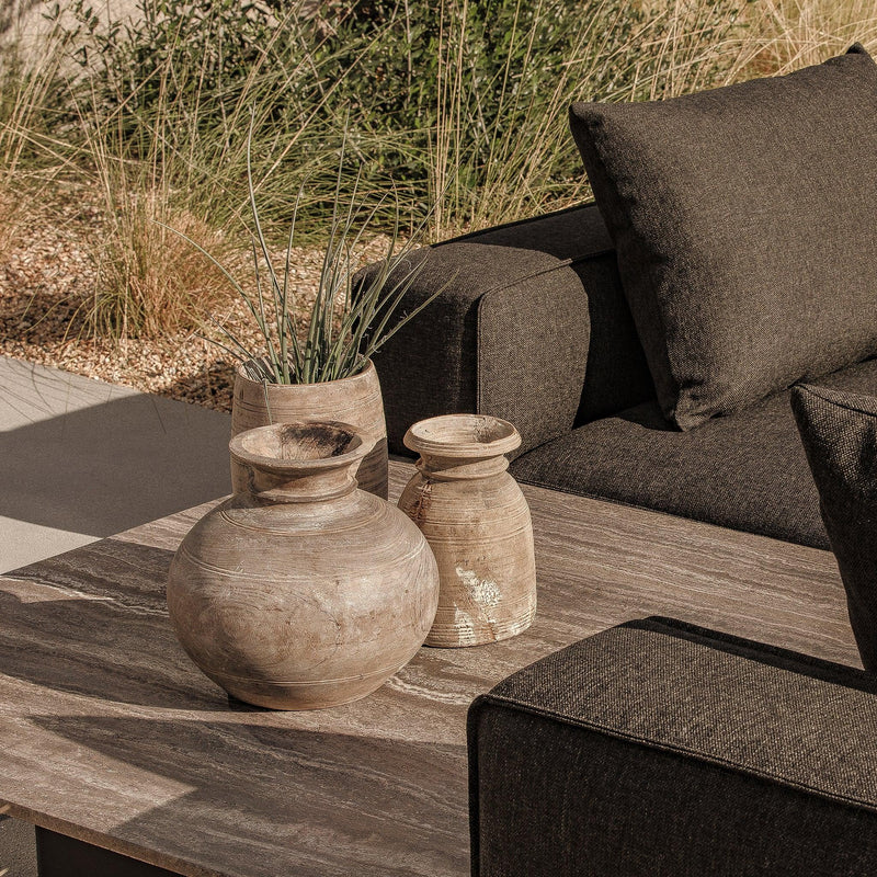 Santorini Outdoor Stone Square Side Table | Aluminum Asteroid, Travertine Dark Grey,