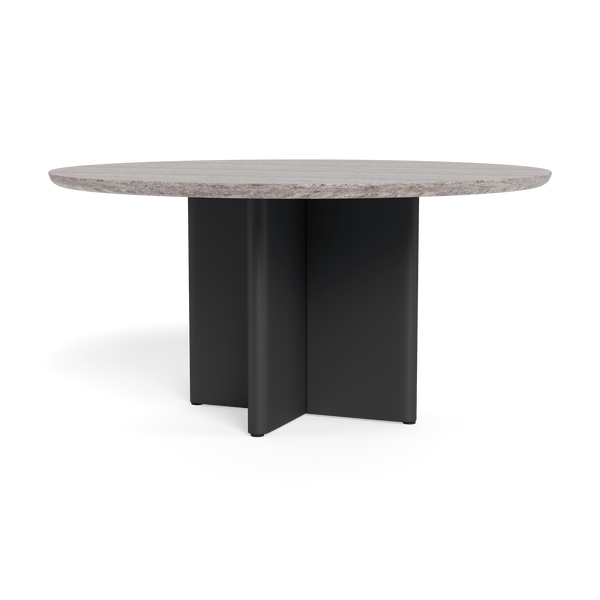 Victoria Stone Round Dining Table 60"" | Aluminum Asteroid, Travertine Dark Grey,